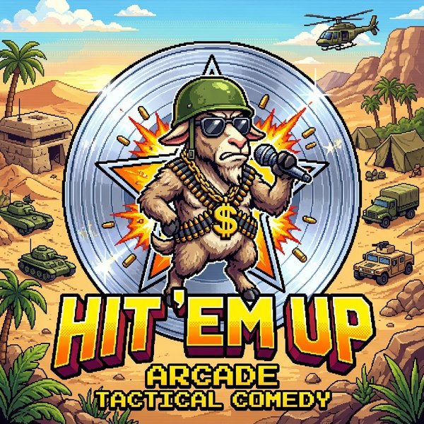 Hit 'em Up: a goat in a helmet and shades raps into a microphone, with tanks and a helicopter behind